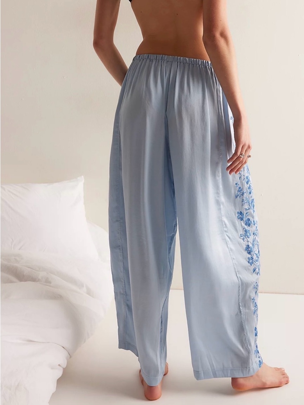 Free People Light Blue Wide-Leg Pajama Pants with Navy Floral Embroidery - Picture 4 of 7